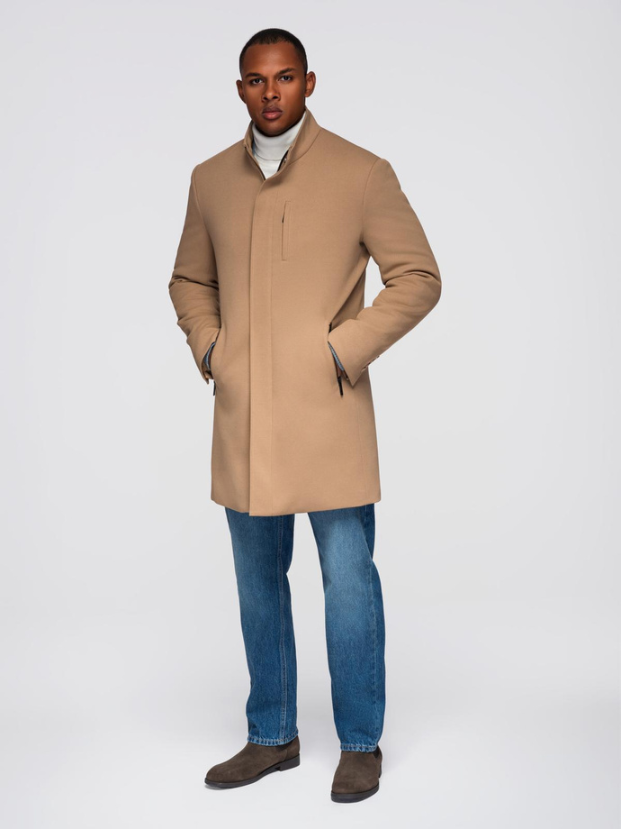 Men's coat with asymmetrical fastening and high collar - light brown V4 OM-COWC-0120