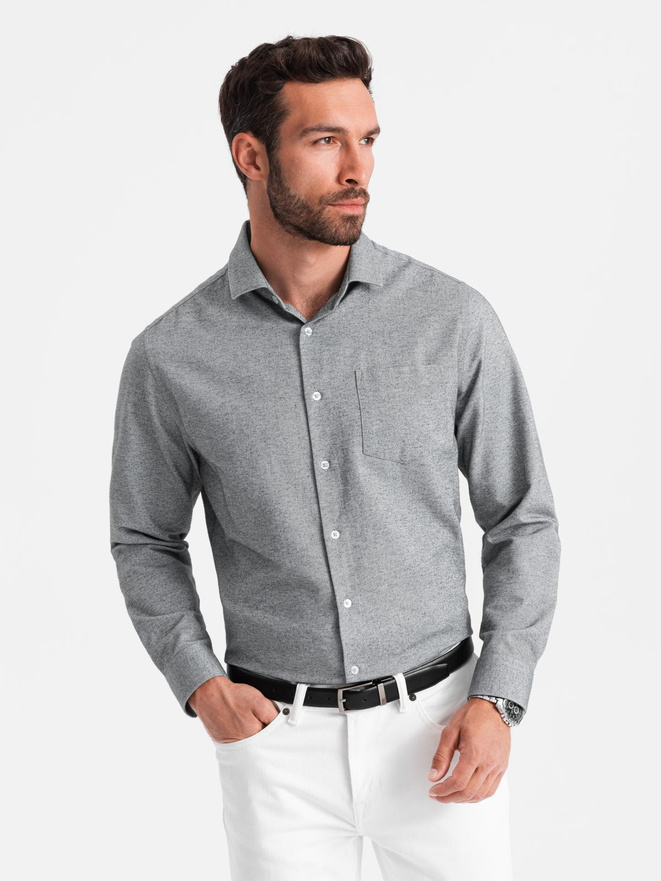 Koszula męska z kieszenią REGULAR FIT - szary melanż V3 OM-SHCS-0148