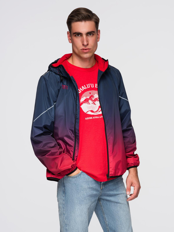 Men's ombre sports jacket with reflectors and fleece lining - navy blue and red V3 C641