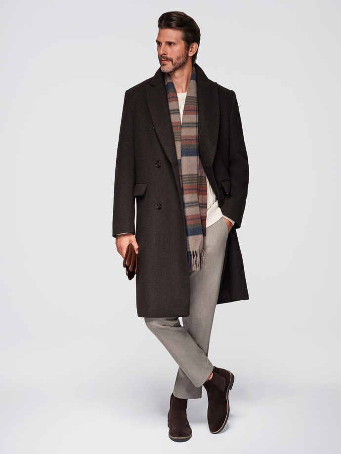 Men's coat with asymmetrical fastening and high collar - light brown V4 OM-COWC-0120