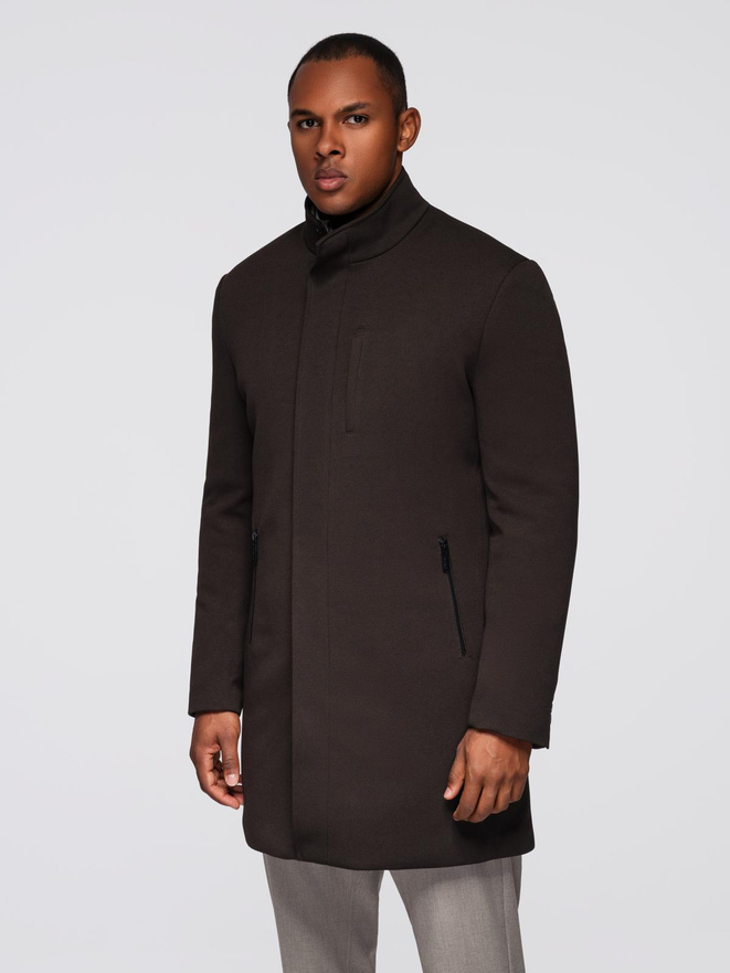 Men's coat with asymmetrical fastening and high collar - light brown V4 OM-COWC-0120