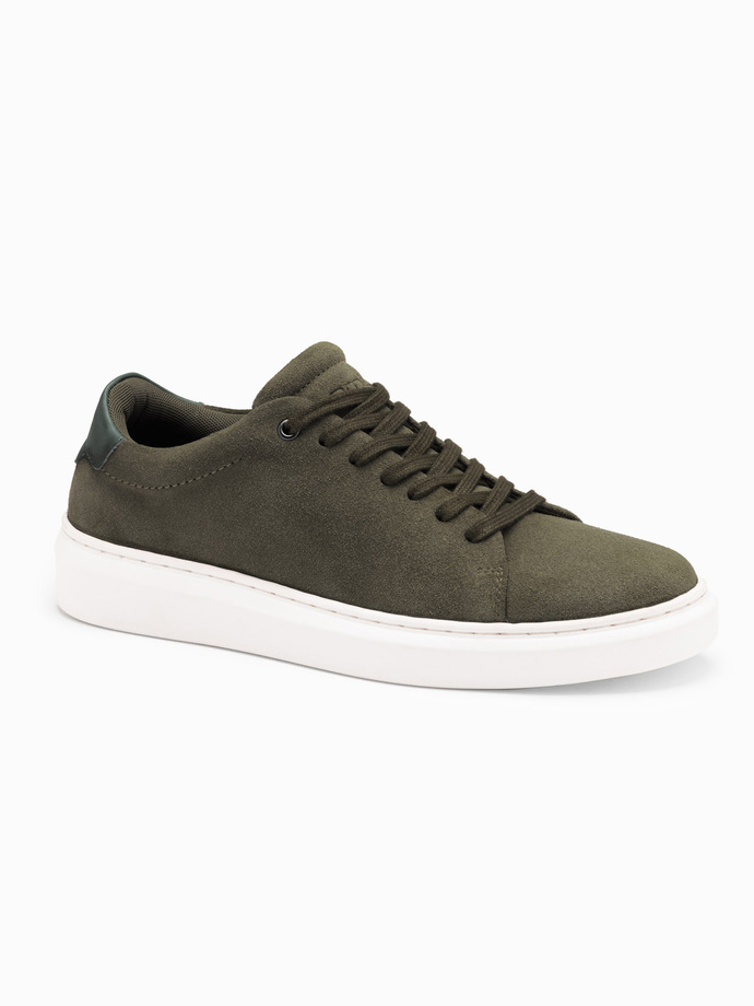 Męskie klasyczne buty sneakersy z miękkiego zamszu – ciemnooliwkowe V3 OM-FOCS-0163