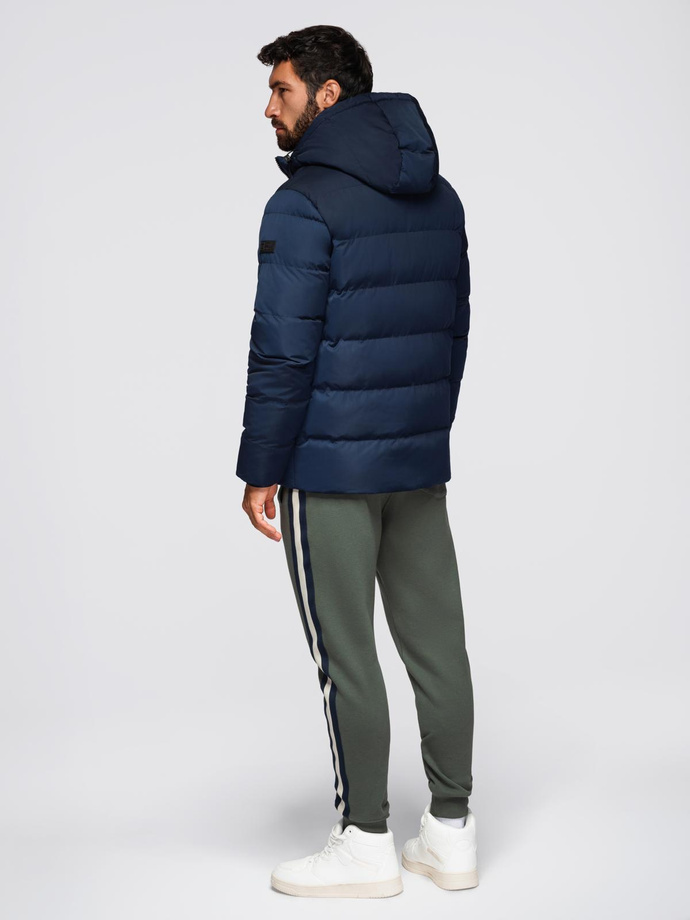 Men's jacket with asymmetrical quilting and hood - navy blue V4 OM-JAHP-0304