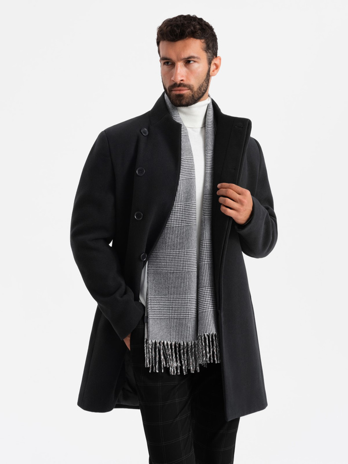 Dwustronny męski szalik w kratkę z frędzlami – czarno-biały V1 OM-ACSF-0118