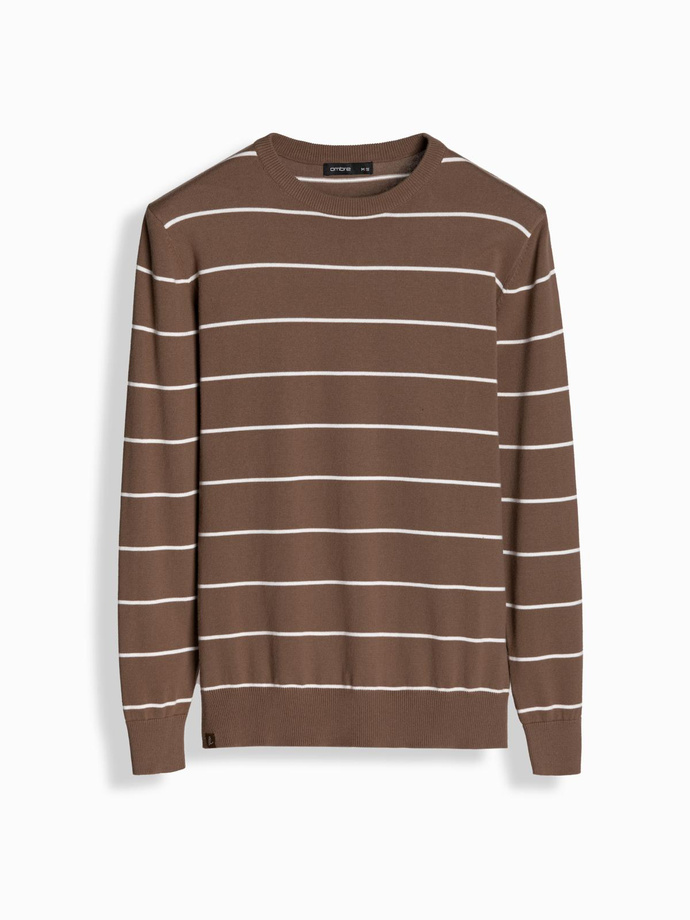 Męski sweter casualowy w poziome paski – brązowy V3 OM-SWSW-0143