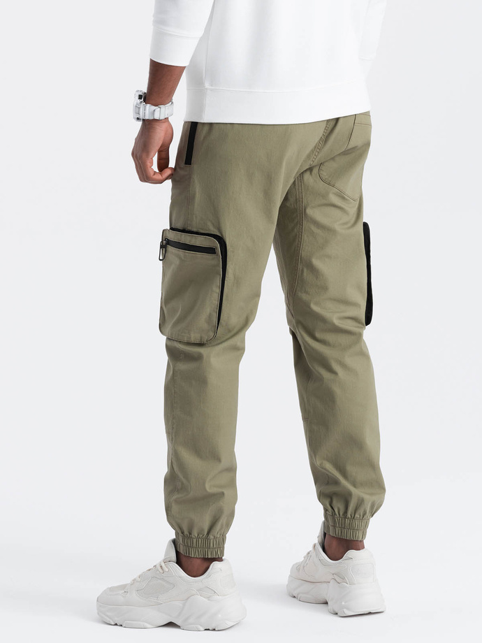 Men's JOGGER pants with zippered cargo pockets - light olive V1 OM-PAJO-0135