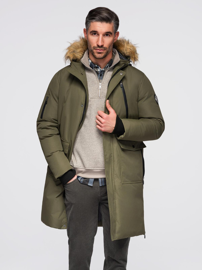 Alaskan men's winter jacket with detachable fur from the hood - dark olive green V3 OM-JALJ-0148