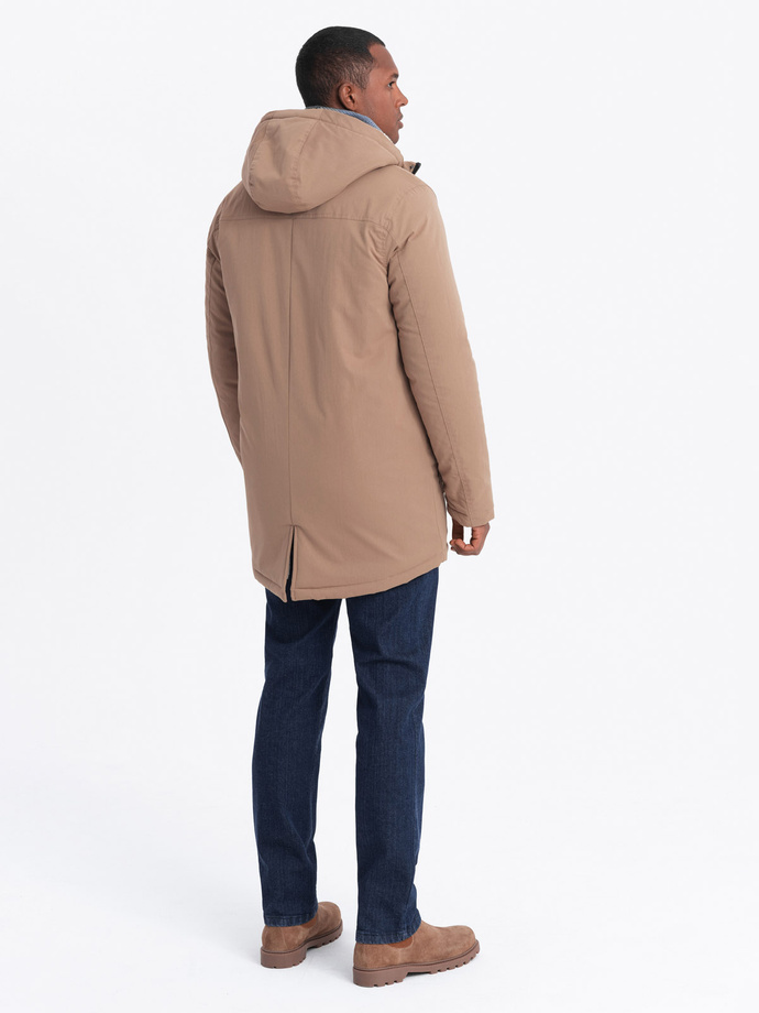 Męska długa kurtka parka z kożuszkiem – beżowa V1 OM-JALJ-0181
