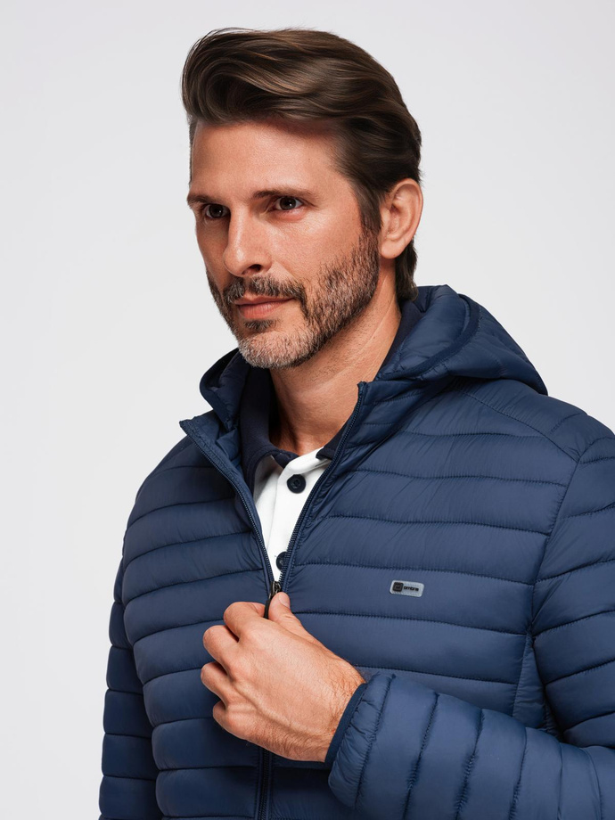 Men's quilted jacket with high zipped hood - black V1 OM-JAHP-0238