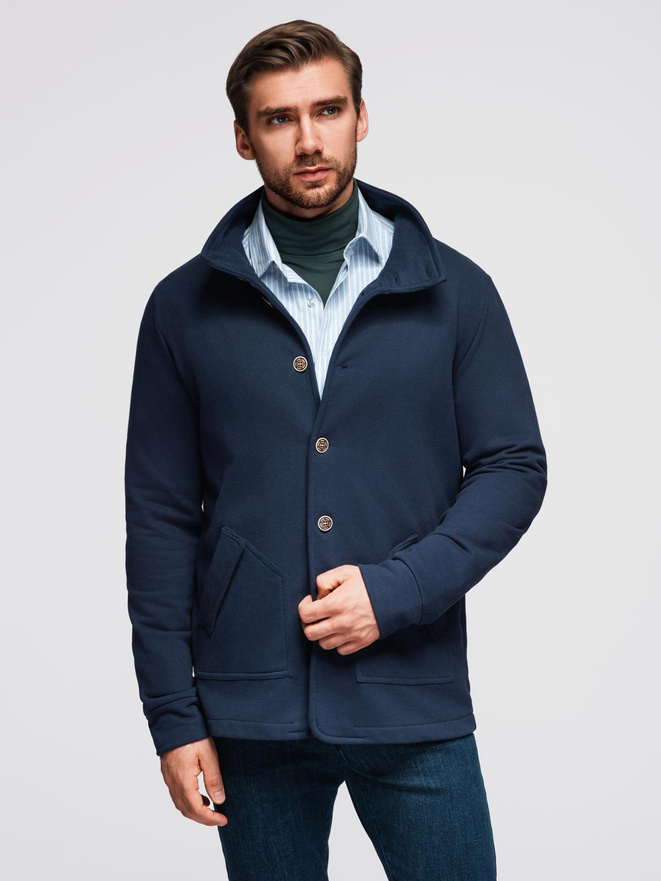 Washed men's sweatshirt with decorative stitching at the neckline - navy blue V4 OM-SSDS-0131