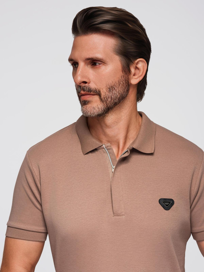 Men's polo shirt with zipper neckline - light brown V3 OM-POSS-0148