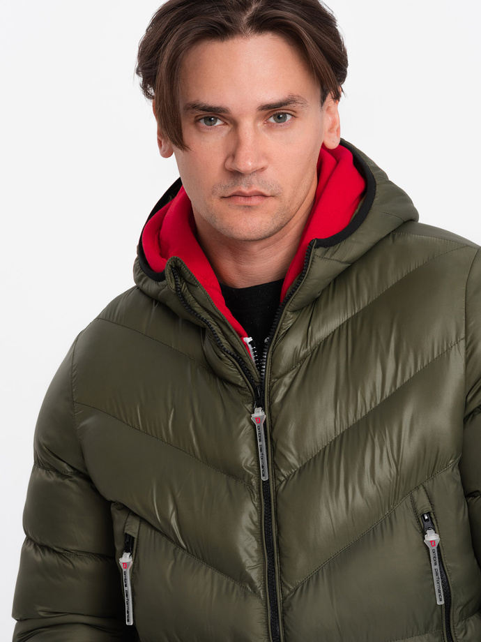 Men's quilted winter jacket with combined materials - dark olive green V3 OM-JAHP-0145
