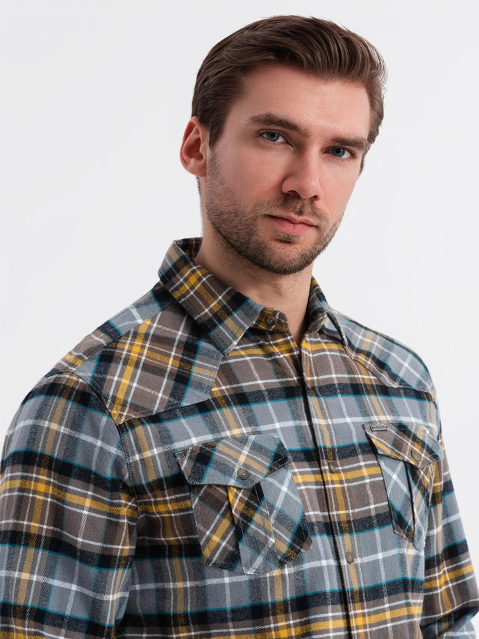Męska flanelowa koszula w kratę z kieszeniami - szaro-żółta V1 OM-SHCS-0149