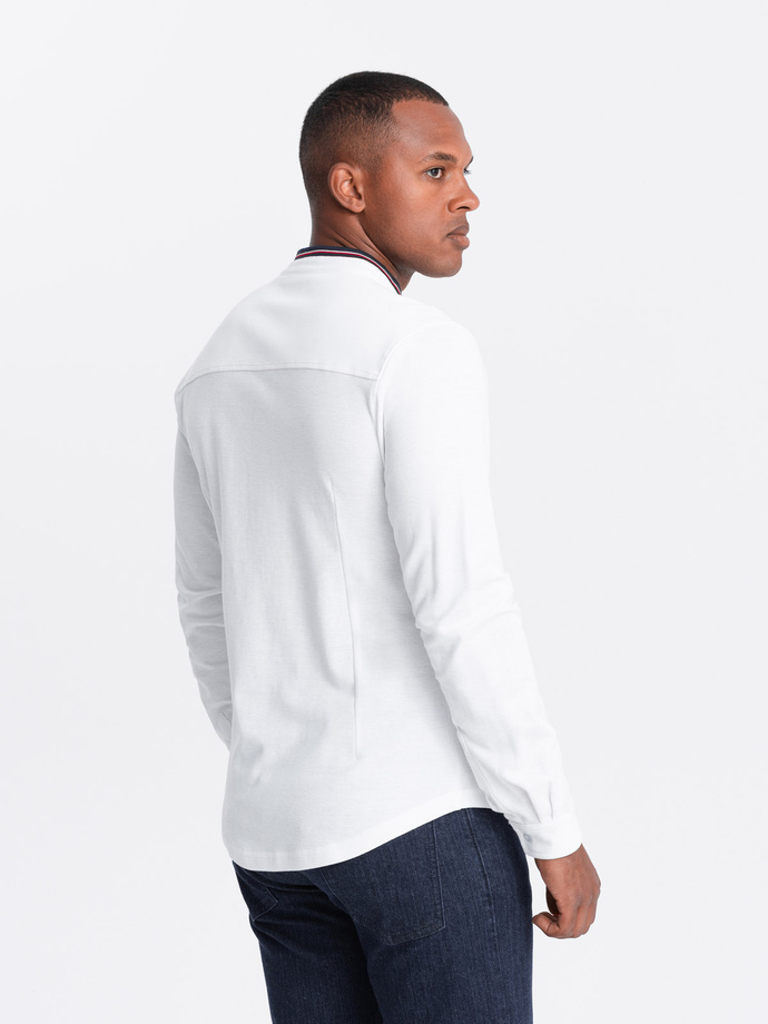 Męska koszula bawełniana SLIM FIT ze stójką w kolorowe paski – biała V1 OM-SHCS-0178