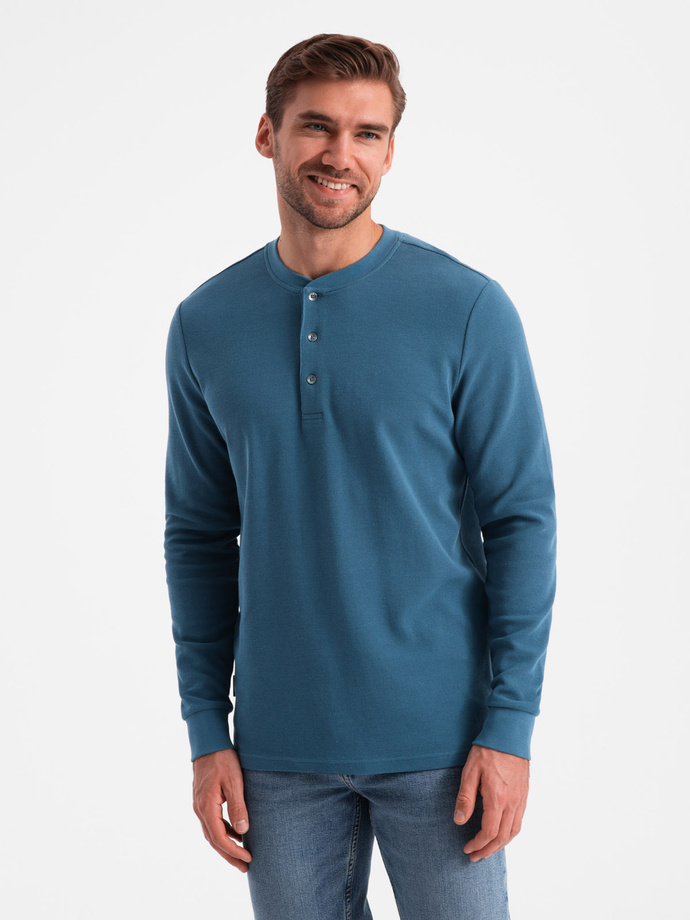 Longsleeve męski z dzianiny waflowej zapinany pod szyją – niebieski denim V4 OM-LSCL-0120