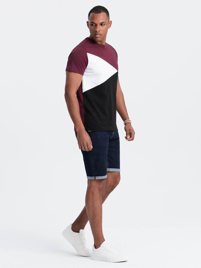Men's cotton tricolor t-shirt - maroon and black V5 OM-TSCT-0174