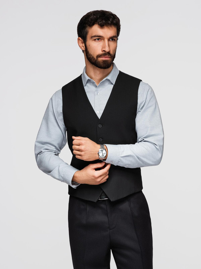 Elegancka męska kamizelka w jodełkę SLIM FIT - czarna V3 OM-BLZV-0143