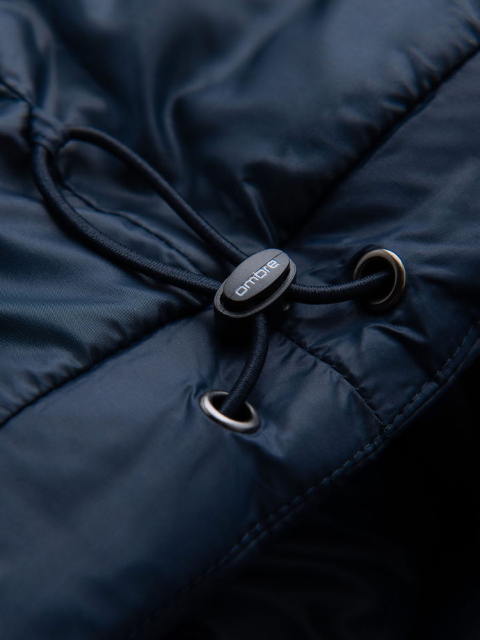 Men's quilted puffer jacket with hood - navy blue V4 OM-JAHP-0235