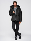 Men's quilted jacket with cut of ramoneski with hood - black V1 OM-JAHP-0252