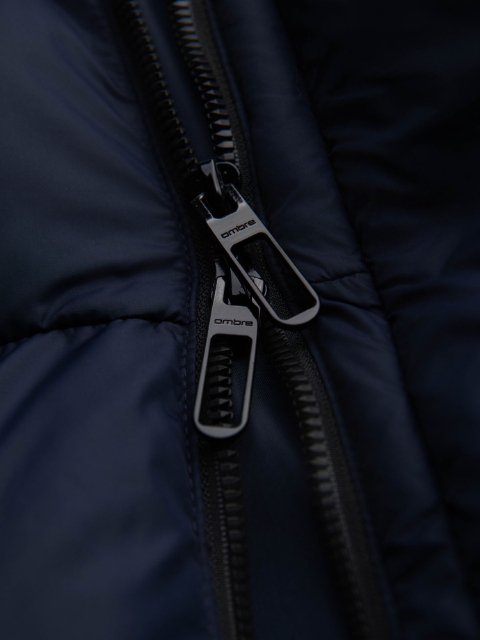 Men's quilted jacket with high zipped hood - navy blue V2 OM-JAHP-0238