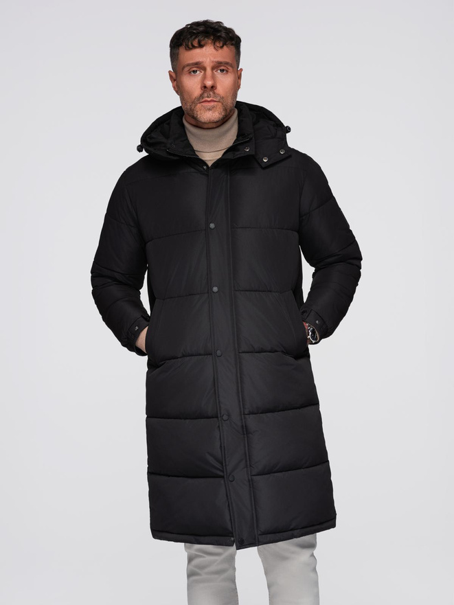 Men's long quilted winter jacket with hood - black V1 OM-JALJ-0309