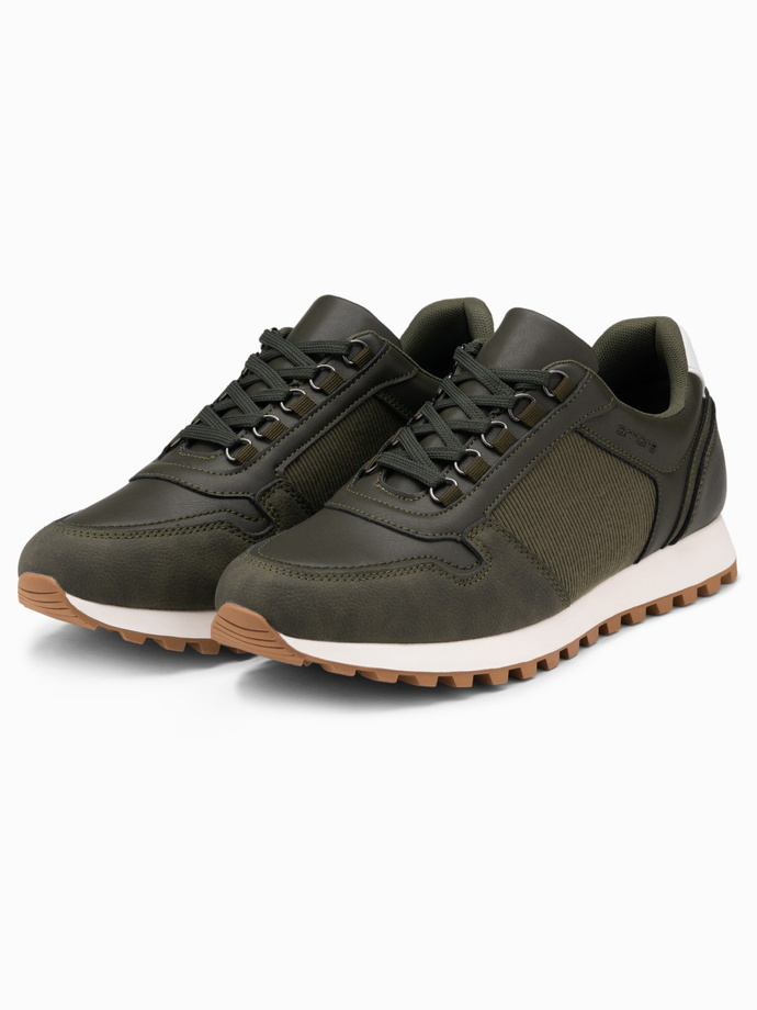 Patchworkowe męskie buty sneakersy z łączonych materiałów – ciemnooliwkowe V4 OM-FOSL-0144 