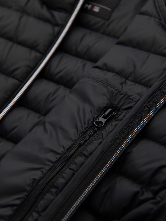 Men's quilted jacket with combined materials and hood - navy blue V3 OM-JALJ-0266