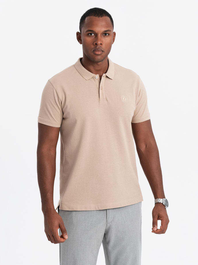 Komplet bawełnianych t-shirtów męskich polo BASIC – biały/cielisty/jasnobrązowy V6 OM-POBS-0133