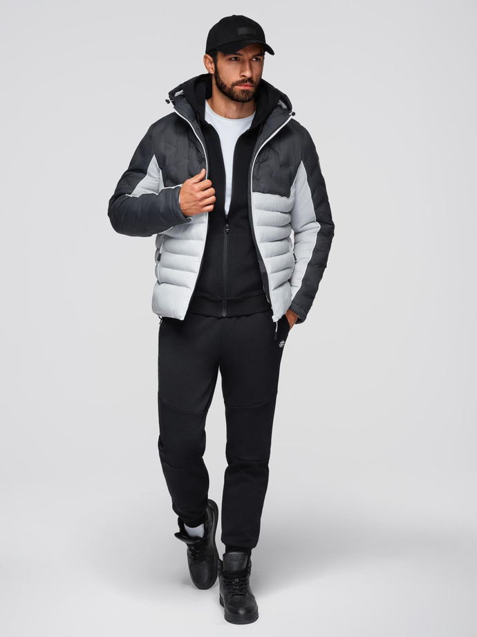 Men's quilted jacket with detachable hood - graphite and white V3 OM-JALP-0206