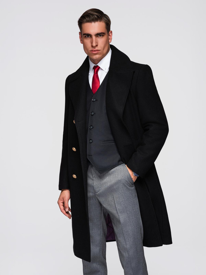 Men's insulated coat with hood and concealed zipper - black V1 OM-COWC-0110
