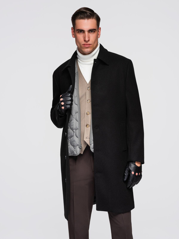 Men's long single-breasted coat with collar and undercoat - black V1 OM-COWC-0135