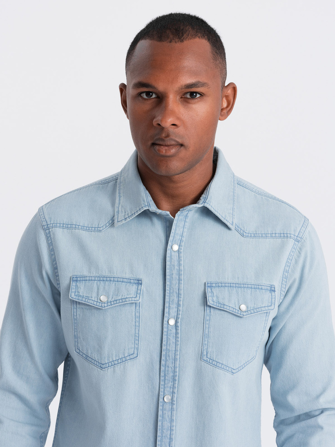 Men's denim snap shirt with pockets - light blue V1 OM-SHDS-0115