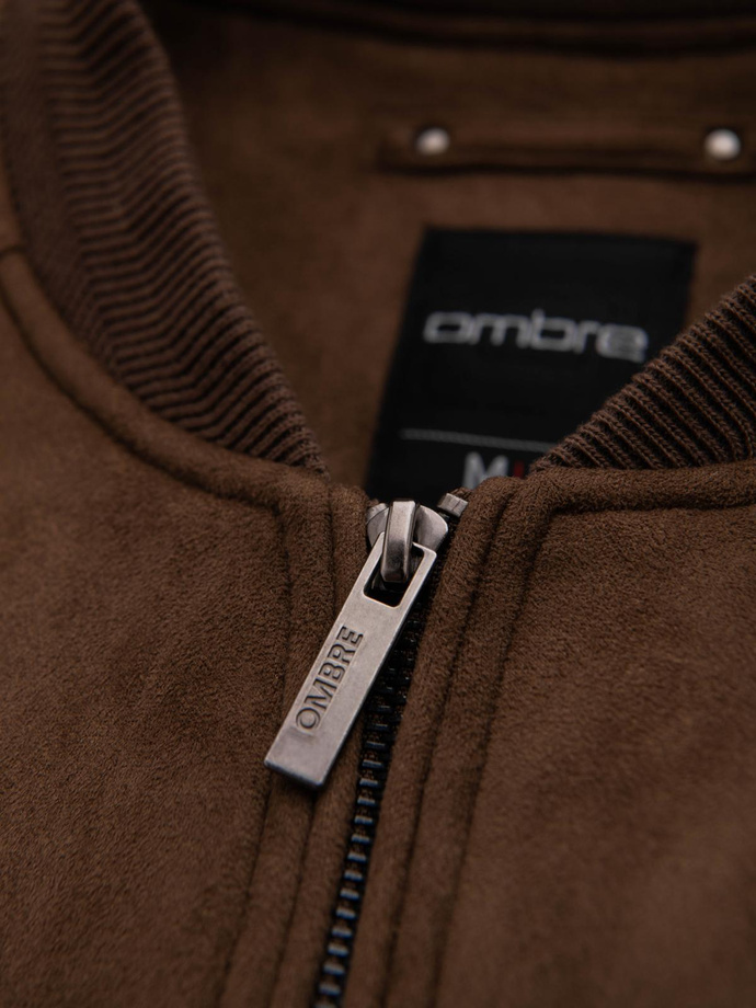 Men's imitation leather jacket with ribbed hem - dark brown V1 OM-JAFL-0109