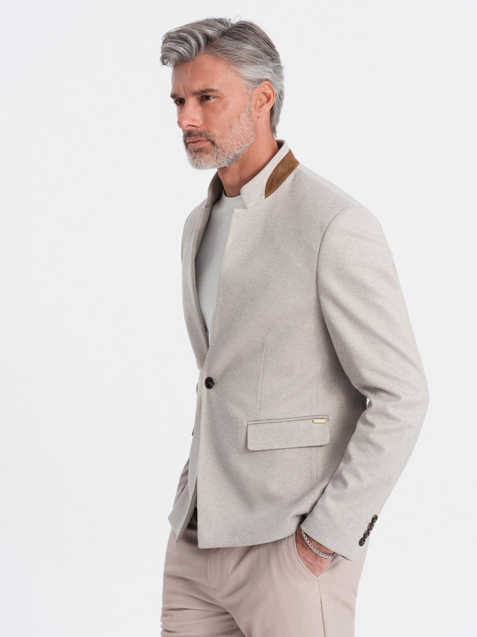 Men's melange rayon jacket with stand-up collar - beige melange V3 OM-BLZB-0131