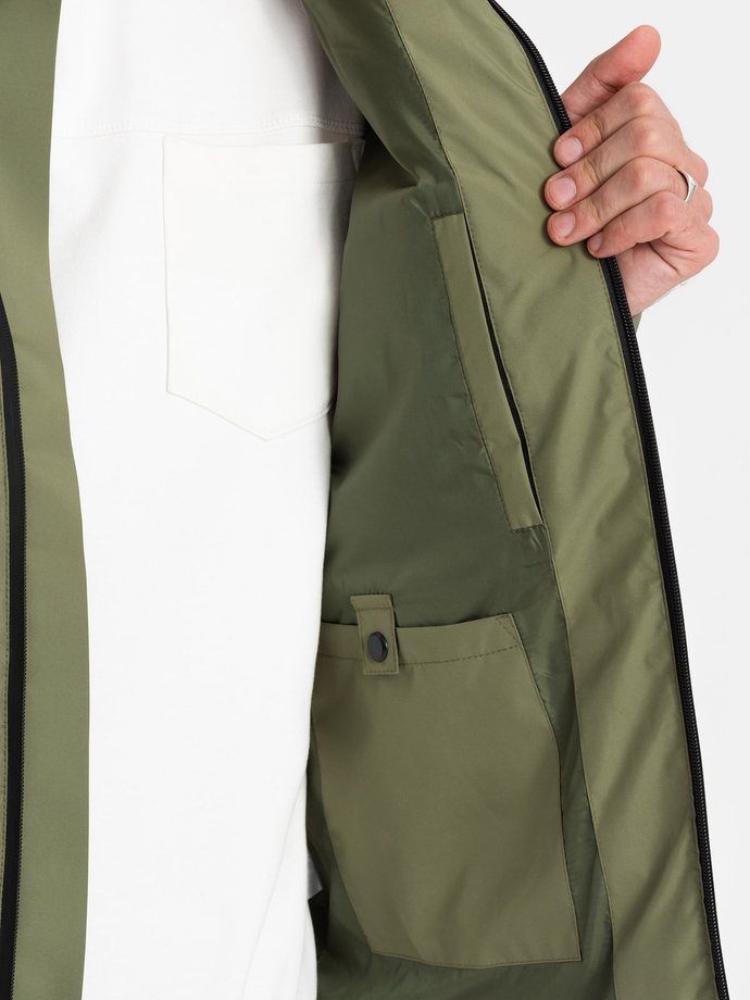 Zimowa kurtka męska z odpinanym kapturem - oliwkowa V1 OM-JAHP-0150