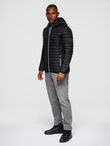 Men's quilted jacket with combined materials and hood - navy blue V3 OM-JALJ-0266
