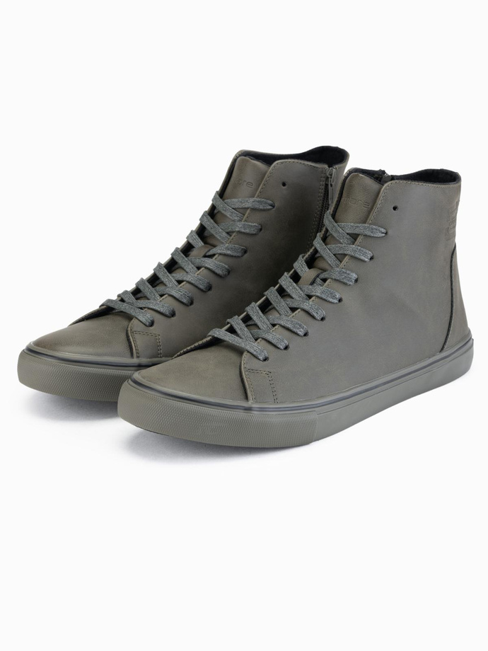 Men's high-top sneakers with matte texture and embossed logo - dark olive V2 OM-FOTH-0185