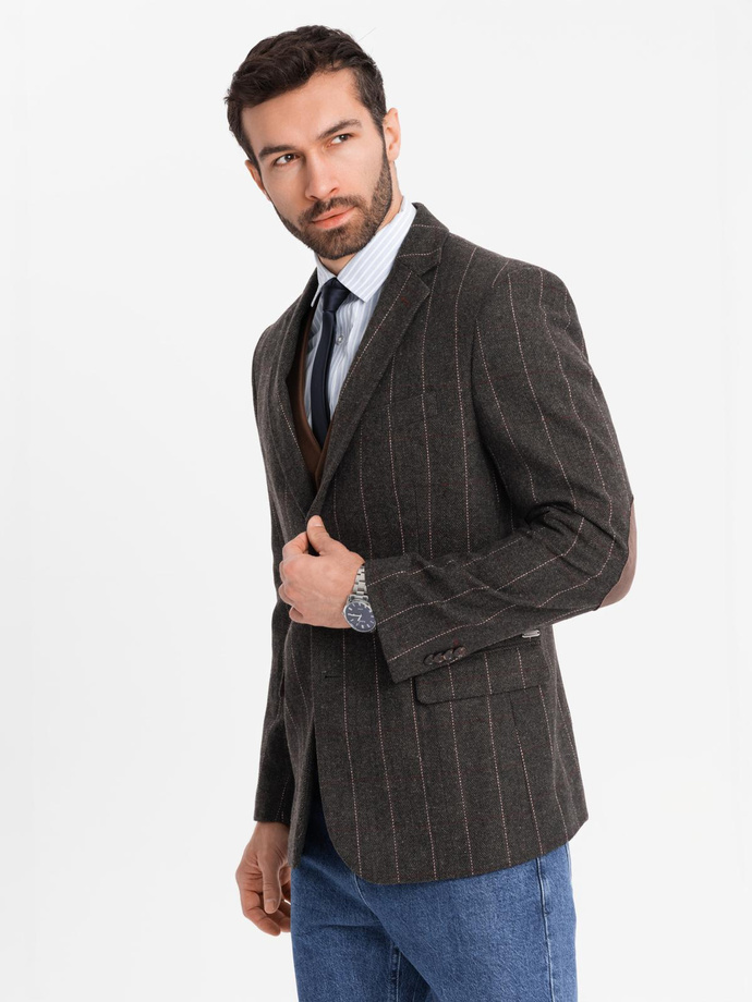 Męska elegancka marynarka w kratkę z domieszką wełny – ciemnobrązowa V3 OM-BLZB-0137