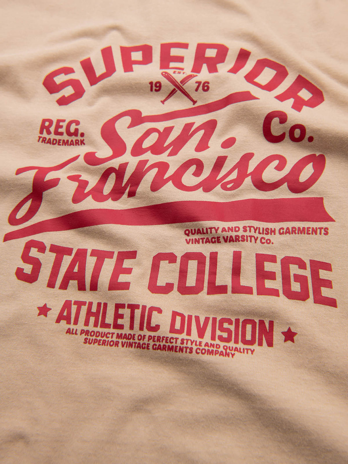 Koszulka męska z długim rękawem z nadrukiem collegowym - piaskowa V1 OM-LSPT-0116