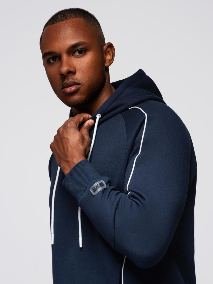 Men's sweatshirt with contrast stitching and hood - navy blue V2 OM-SSNZ-0250