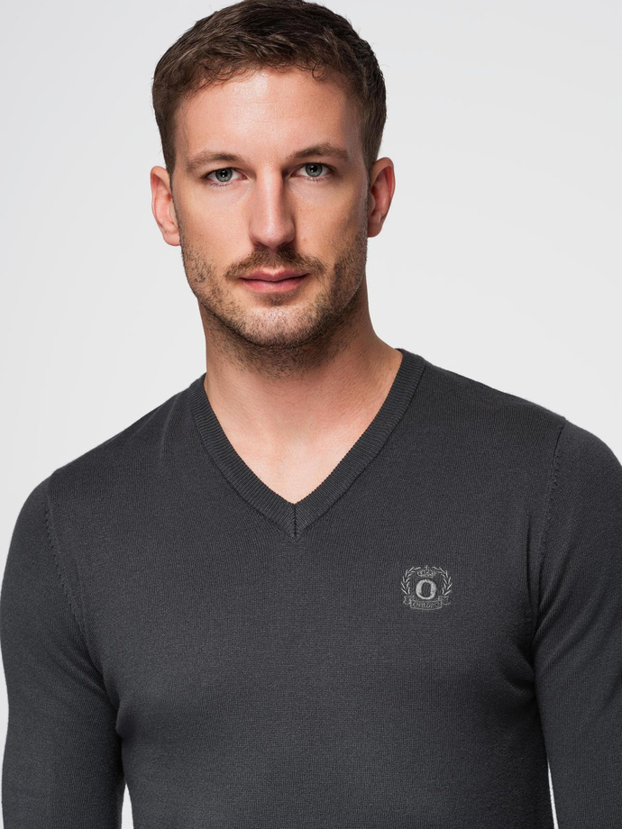 Elegancki sweter męski BASIC V-neck z wiskozą - grafitowy V17 OM-SWBS-0107