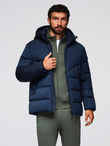 Men's jacket with asymmetrical quilting and hood - navy blue V4 OM-JAHP-0304