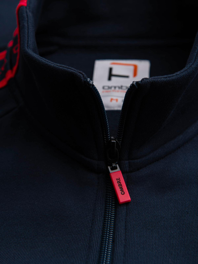 Washed men's sweatshirt with decorative stitching at the neckline - navy blue V4 OM-SSDS-0131