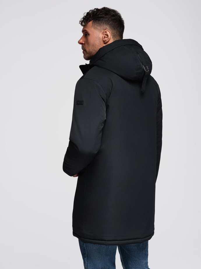 Men's faux leather jacket with ribbed bottom hem - black V2 OM-JAFL-0109