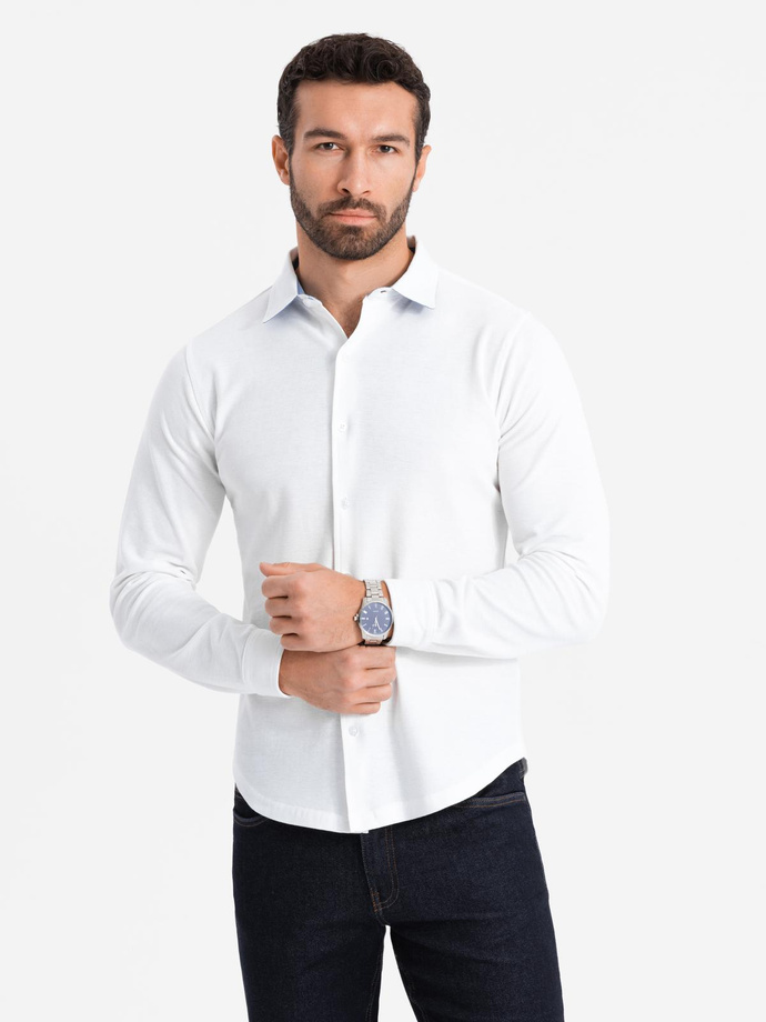 Dzianinowa koszula męska SLIM FIT z długim rękawem – biała V1 OM-SHCS-0177 