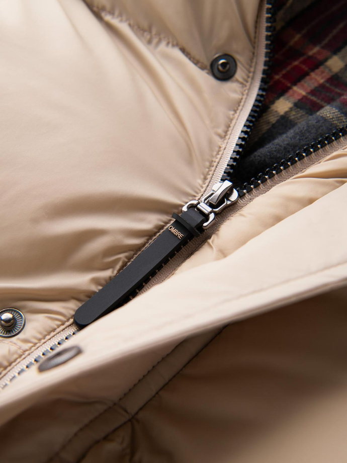 Męska kurtka puffer z podszewką w kratę – beżowa V2 OM-JAHP-0205