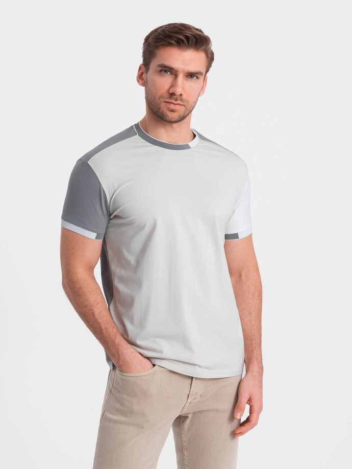 T-shirt męski z elastanem z kolorowymi rękawami - szary V4 OM-TSCT-0176