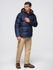 Men's puffer jacket with check lining - navy blue V1 OM-JAHP-0205