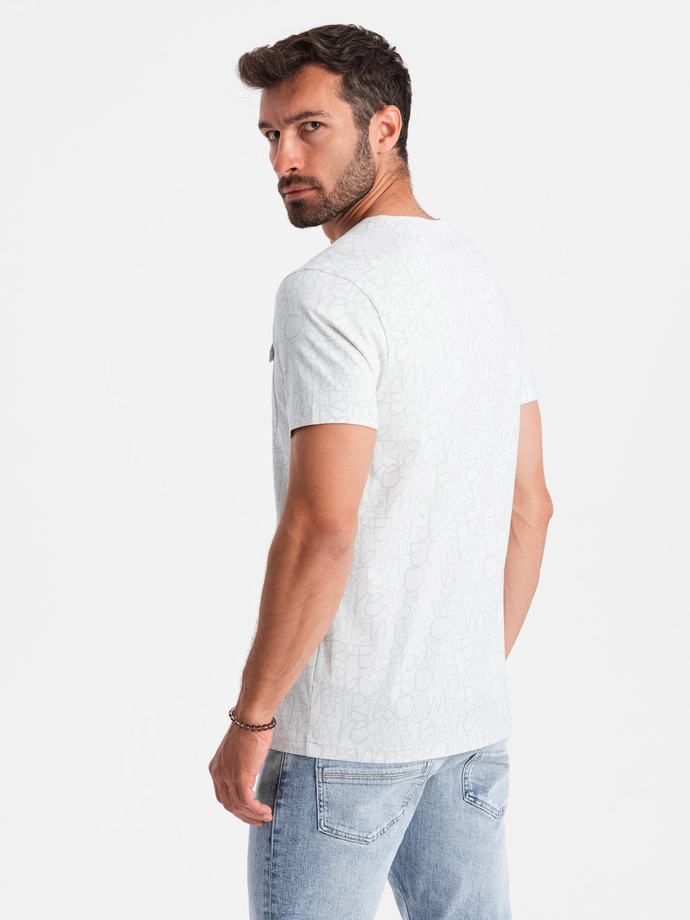Bawełniany męski t-shirt z literowym printem i kieszonką – biało-szary V3 OM-TSFP-0188