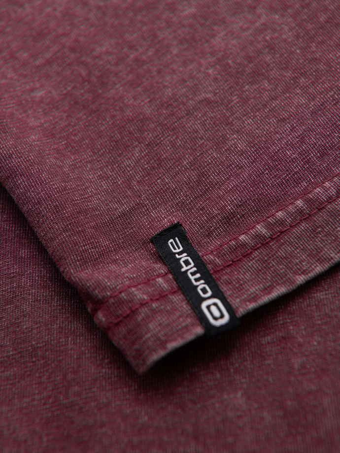 Men's T-shirt with wash effect and buttons at neckline - burgundy V3 OM-TSWT-0150